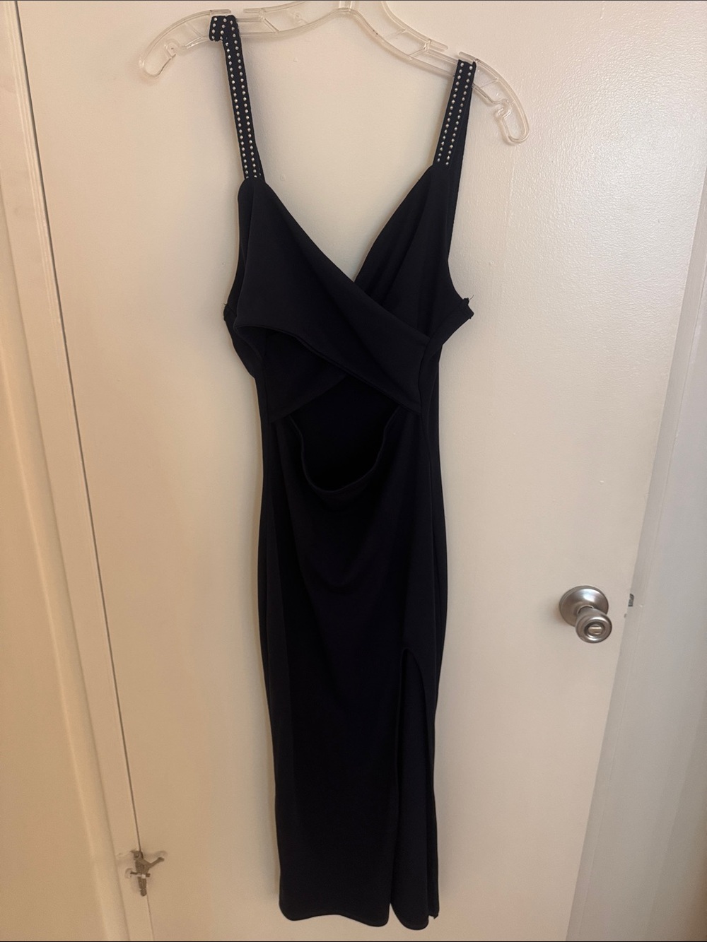 Navy Sleeveless Cutout Midi Dress with Embellished Straps